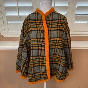 Vintage Pioneer Wear Size S Tartan Plaid Poncho Overcoat Orange Gray Academia